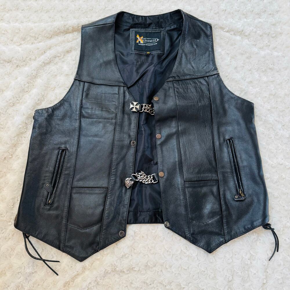 Xelement Black Leather Motorcycle Biker Harley Eagle Chain Snap Lace Up Vest XL